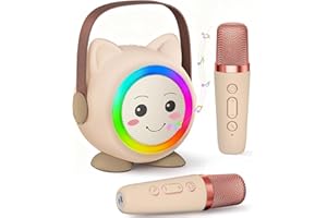 AADMD Mini Karaoke Machine Toy for Kids, Portable Karaoke Machine with 2 Wireless Microphone for 4,5,6,7,8,9,10,11,12+ Years Old Christmas Birthday Gifts Girls Boys (Beige)