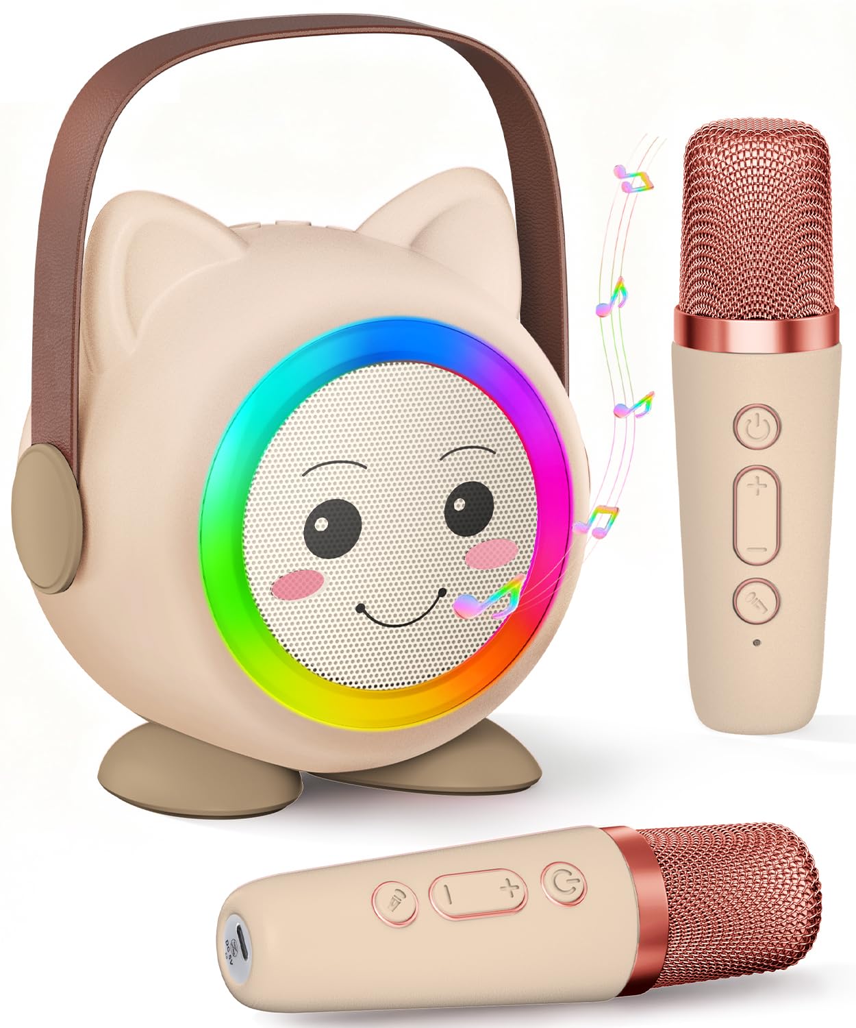Mini Karaoke Machine Toy for Kids, Portable Karaoke Machine with 2 Wireless Microphone for 4,5,6,7,8,9,10,11,12+ Years Old Christmas Birthday Gifts Girls Boys (Beige)