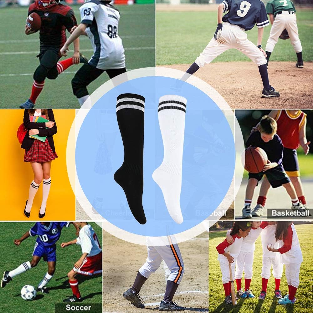 4 Pairs Soccer Socks for Kids (5-12 Years Old), Kids Football Socks, Sport Team White Black Knee High Socks For Youth Boys Girls Kids, Best for Running, Present for 5 6 7 8 9 10 11 12 Year old Kids: Clothing