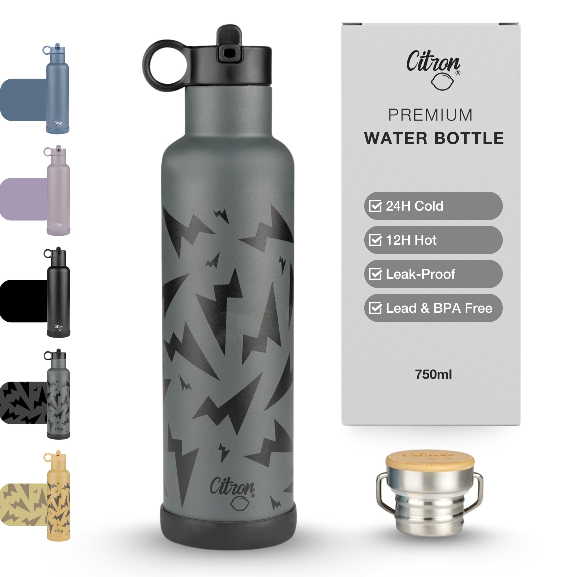 Citron Insulated Water Bottle Stainless Steel, Thunder Black – 750ml, BPA & Lead-Free, Leak Proof Straw/Flask Lids – Keeps Liquids Cold for 24 Hours & Hot for 12 Hours - 25.36 oz — image 1