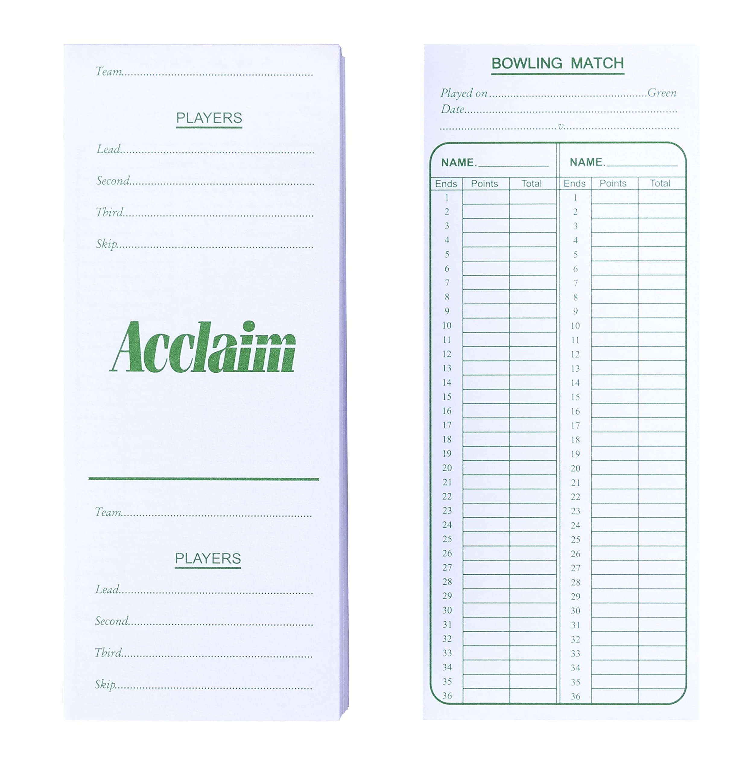 Acclaim Lawn Bowls Scorecards Scoring Pads Score Cards 100 Double Sided White Green Text Thick Card Printed Sheets 8" x 3 1/4"