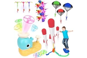 DULSAERA Outdoor Toys for Kids 5 in 1 Ages 3 4 5 6 7 8+, Indoor Outdoor Flying Games, Rocket Launcher, Flying Disc Launcher, Parachute Toy, LED Light Airplane, Glow Flying Toys, Party Favors, Party Supplies