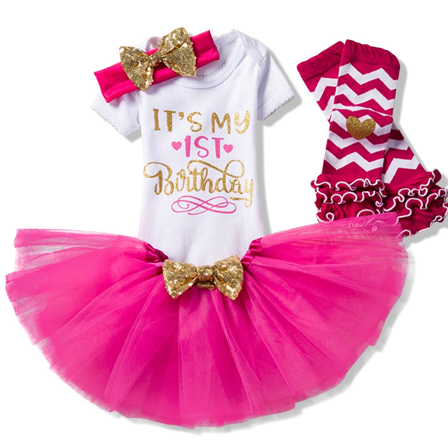 Newborn Baby Infant Toddler Girls It's My 1st / 2nd Birthday Cake Smash Shiny Printed Sequin Princess Dress Romper Tutu Skirt With Bowknot Headband Leg Warmers 3pcs/4pcs Outfits Set Photo Shoot