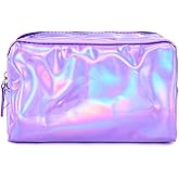 Teensery PU Leather Holographic Makeup Pouch Cosmetic Bag Waterproof Toiletries Organizer Pen Bag for Women and Girls (Purple)