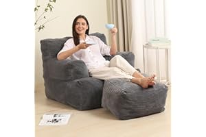 MOMCAYWEX Comfy Gaint Bean Bag Chair with Ottoman, Huge Bean Bag Armchair for Adults and Teens, Comfy Boneless Chair Lounge for Reading Bedroom, Dark Grey