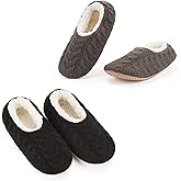 Cozylook 2-Pair Women's Soft Sole Slipper Socks with Grippers, Thick Warm Cozy Sherpa Lined Home Socks Set, Cable Knitted Non-slip Fluffy Winter House Bedroom Slippers