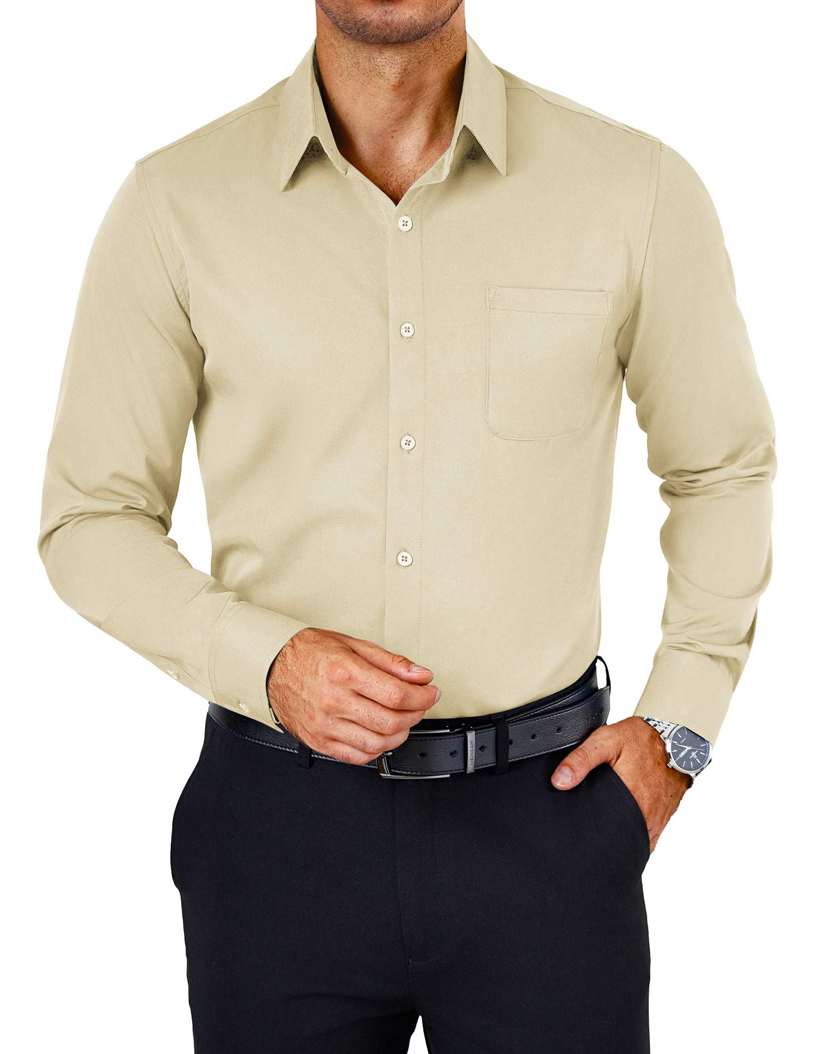 Photo 1 of COOFANDY Men's Dress Shirts Stretch Long Sleeve Solid Formal Shirt Business Casual Button Down Shirts Stone SMALL