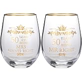 COFOZA Set of 2 50th Wedding Anniversary 15 Ounces Wine Glasses Tumblers Mr Right Mrs Always Right 50 Years Anniversary Cups Present for Couples Parents Gifts
