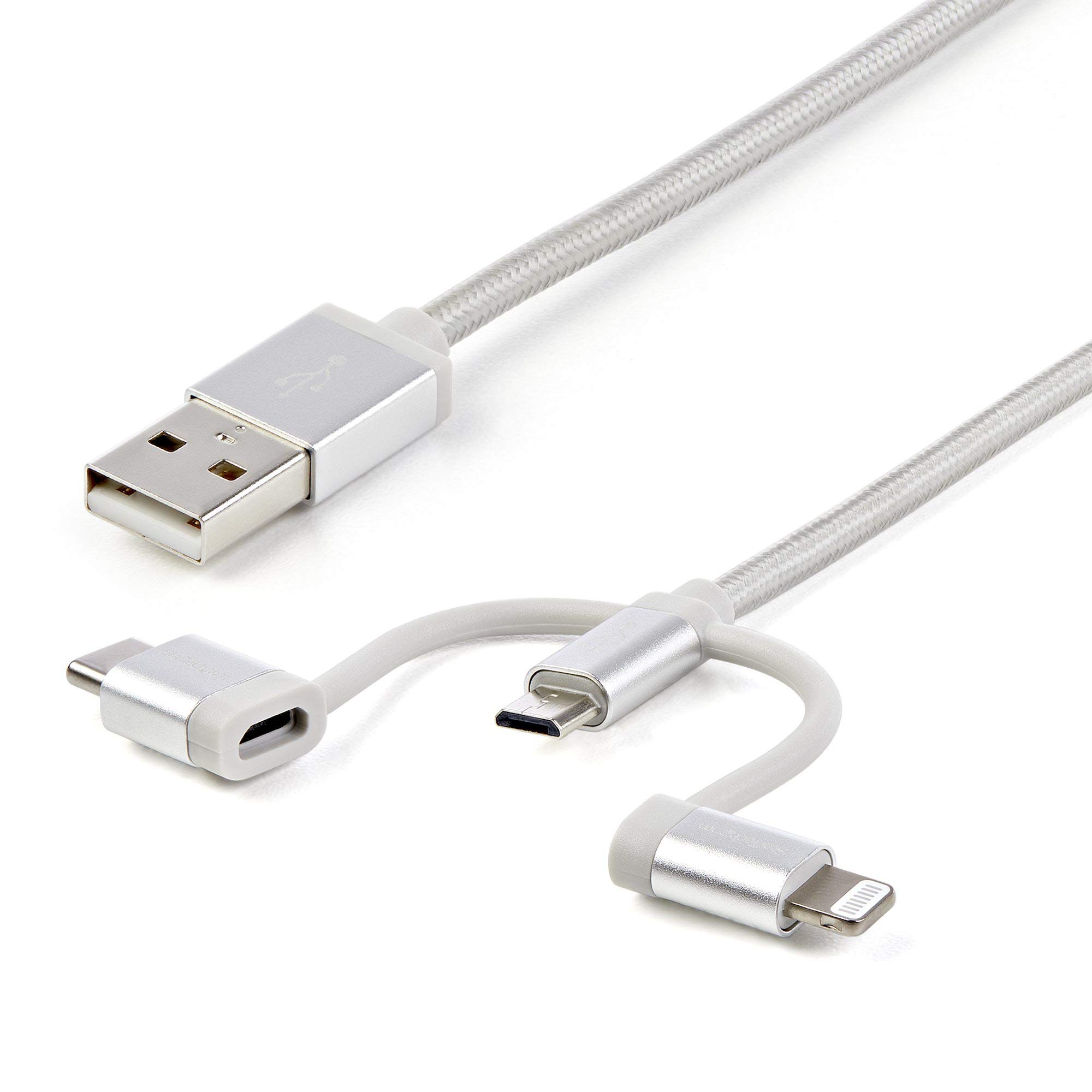 StarTech USB Multi Charging Cable - 3.3 ft / 1m - Lightning/USB-C/Micro-USB - Braided - MFi Certified - USB 2.0-3 in 1 Charging (LTCUB1MGR)