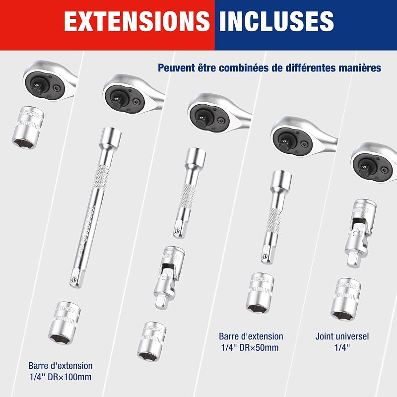 Coffret de Douilles et Embouts 34 Pièces, Mini Clés à Cliquet 1/4" Double Tête 2-en-1, Tournevis à Embouts Magnétique, 2 Rallonges et Joint Universel, Outils de Réparation pour Vélos Voitures