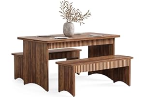 LITTLE TREE 55-Inch Dining Table with 2 Benches, Dining Table Set for 4-6 People, Farmhouse Kitchen Table, Rectangular Dining
