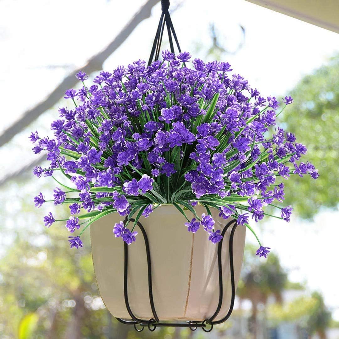 Artificial Flowers,Leixi 6pcs Fake Outdoor UV Resistant Plants Faux Plastic Greenery Shrubs Indoor Outside Hanging Planter Home Kitchen Office Wedding Garden Decor (Purple) - Image 3