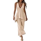 Tankaneo Womens 2 Piece Knit Sets Summer Vacation Outfits Deep V Neck Flowy Tank Tops Wide Leg Pants Sweater Matching Sets