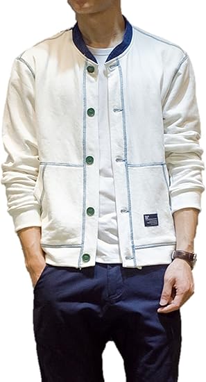 Amazon カーディガン メンズ ダブルアームライン スウェット ショールカラー カーディガン 長袖 ジャケット ナチュラル系 コットン ラインステッチ リブ襟 ボタンダウン シングルブレスト 春 K7863 L ホワイト カーディガン 通販