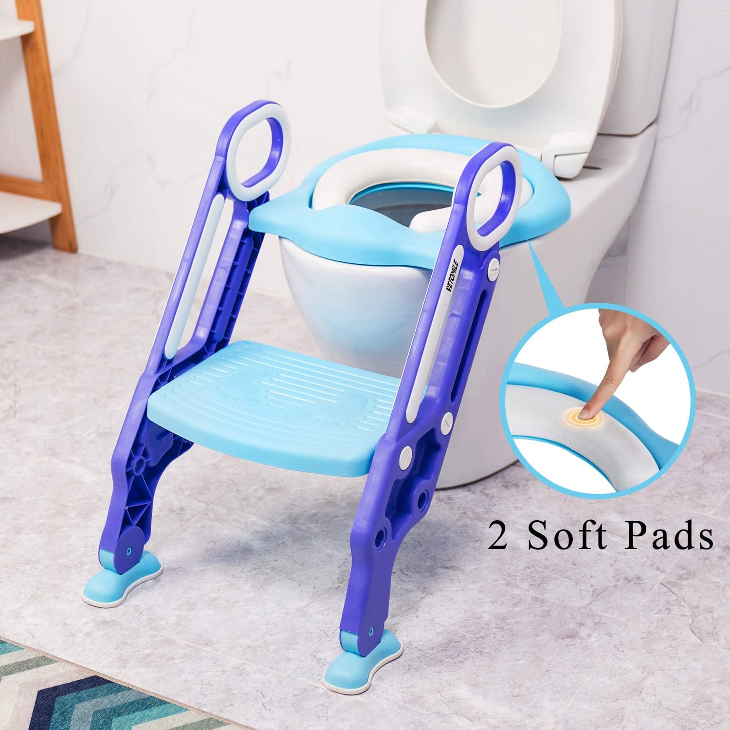 VETOMILE Baby Potty Toilet Trainer Seat for Children Kids Toddles with 2 PU Leather Replaceable Soft Padding Adjustable Sturdy Non-Slip Step Stool Ladder Suitable for O V U Shaped-Toilets Blue Color