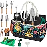 22Pcs Gardening Tools Set for Women Heavy Duty Garden Hand Tool Kit Gardener Gifts for Beginner Gardening Accessories with Tote Bag/Shovel/Repotting Mat/Plant Labels/Gloves-Black