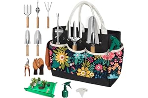 OUREST 22Pcs Gardening Tools Set for Women Heavy Duty Garden Hand Tool Kit Gardener Gifts for Beginner Gardening Accessories with Tote Bag/Shovel/Repotting Mat/Plant Labels/Gloves-Black