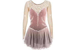 ARTSKATTING Figure Skating Dress,Girls Grey Pink Round Neck Long Sleeve Grid Rhinestone Skating Performance Competition Wear Costume