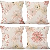 Vie Savaran Wild Flower Throw Pillow Covers 18"x18" Set of 4, Countryside Watercolor Floral Pillow Cases Spring Vintage Cushion Covers for Chair Sofa Bed Living Room Garden Car Indoor Outdoor
