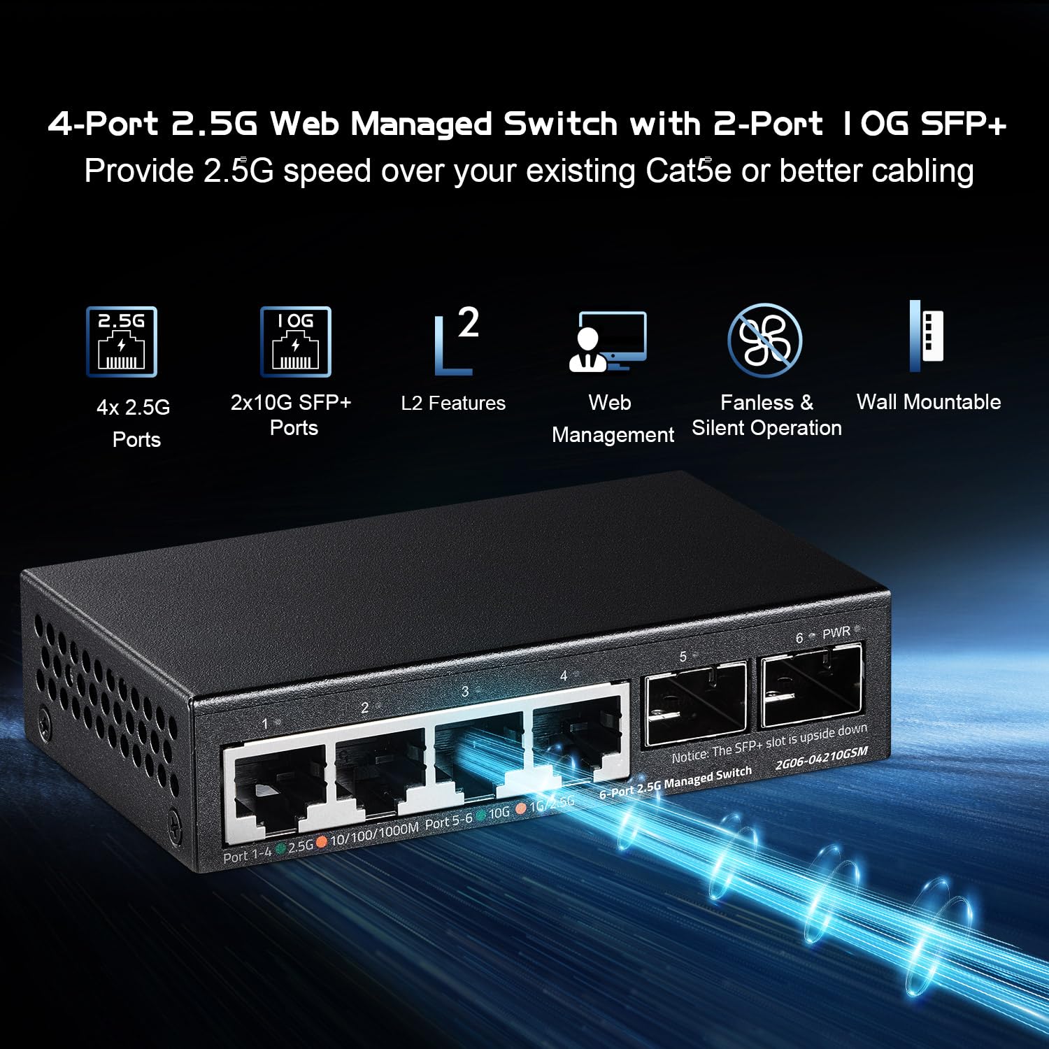 Binardat 4 Port 2.5G Web Managed Switch mit 2x10G SFP, Ultra-Mini Größe, unterstützt Trunk/LACP/VLAN/QOS, Metall Multi-Gigabit Desktop/Wallmount Netzwerk Switch 2