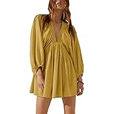 TikoMiko Women's 3/4 Sleeve V Neck Tunic Dress Casual Loose Flowy Mini Dress Babydoll Spring and Summer Dresses 2025