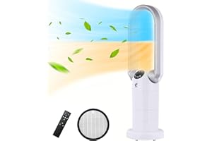 OCEAN LOONG OceanLoong 1500W Space Heater & 29” Bladeless Tower Fan for Home Bedroom, Eco Electric Heater with Adjustable Thermostat, Tip-Over Switch, Remote, Timer, Oscillating Floor Fan, AB01, (White)