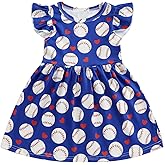Doqcey Toddler Baby Girl Baseball Clothes Baseball Print Twirly Dress Flutter Sleeve Swing Sundress Casual Summer Dresses