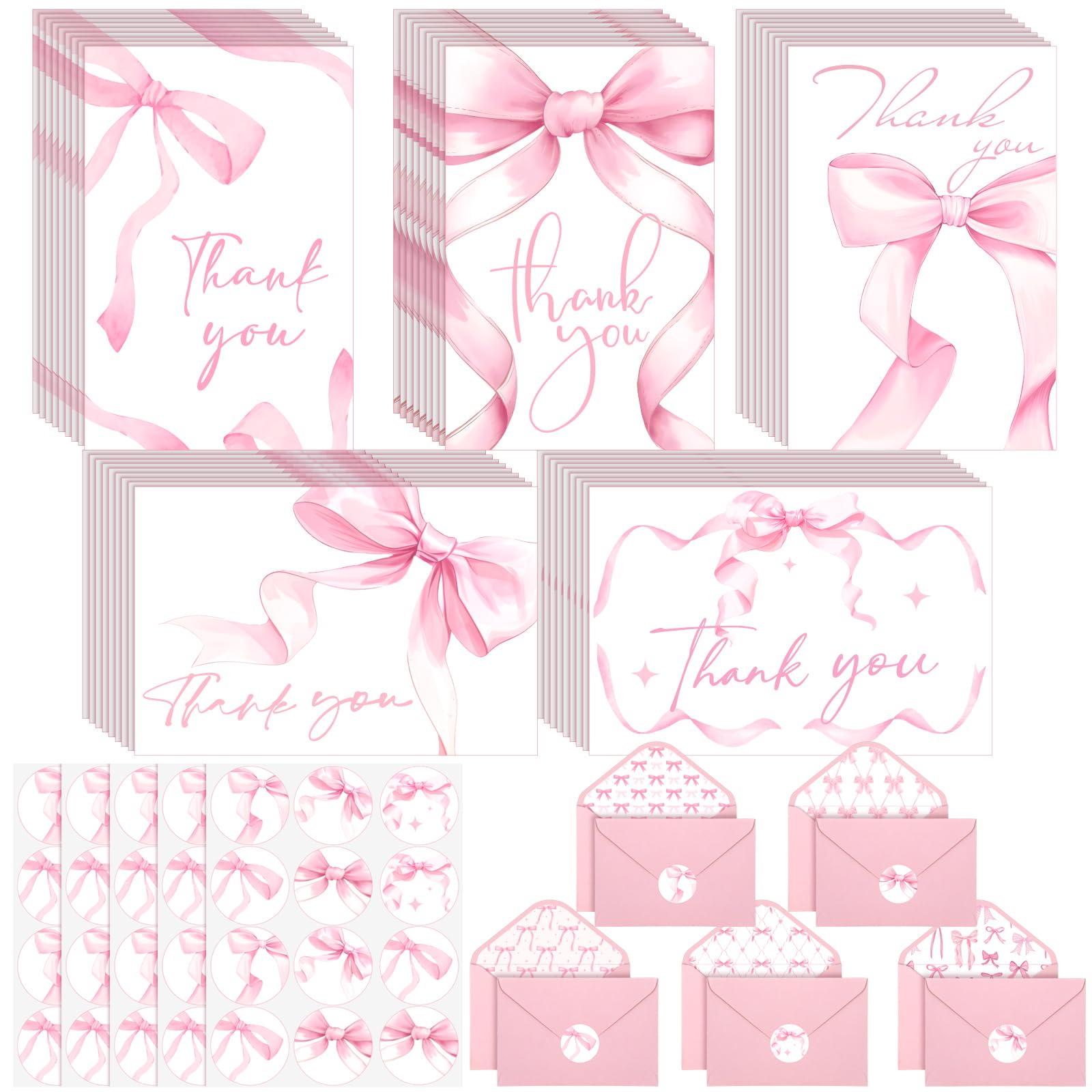 Photo 1 of 100 Sets Bow Thank You Cards with Envelope and Sticker Bulk 5.9x3.9 Inch Watercolor Coquette Bowknot Blank Note Greeting Cards for Wedding Bridal Baby Shower Birthday Party Supplies(Pink,Bow)