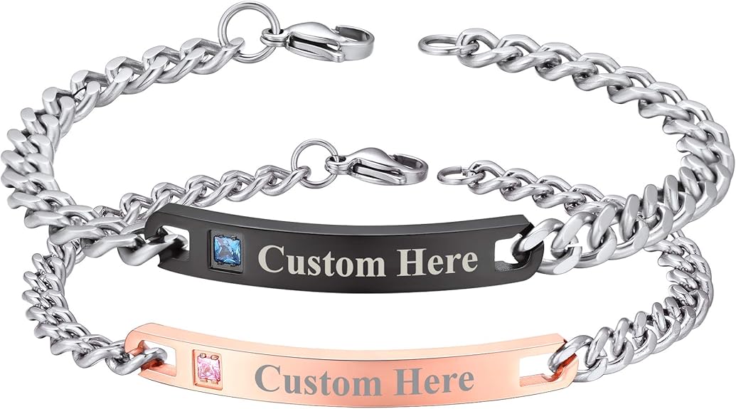 Custom4U Bracelet Couple Amoureux pour 2 Personnalisable avec Prénom,Gourmette Ensemble en Acier