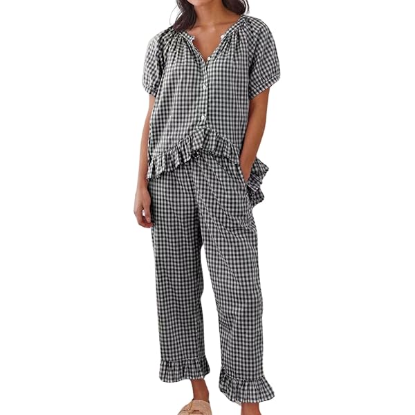 Pyjama 2 Pièces Femme Style Y2K - Haut En Mousseline à Carreaux + Short - Tenue Décontractée, Nuit Ou Plage - Confortable Et Léger - 5