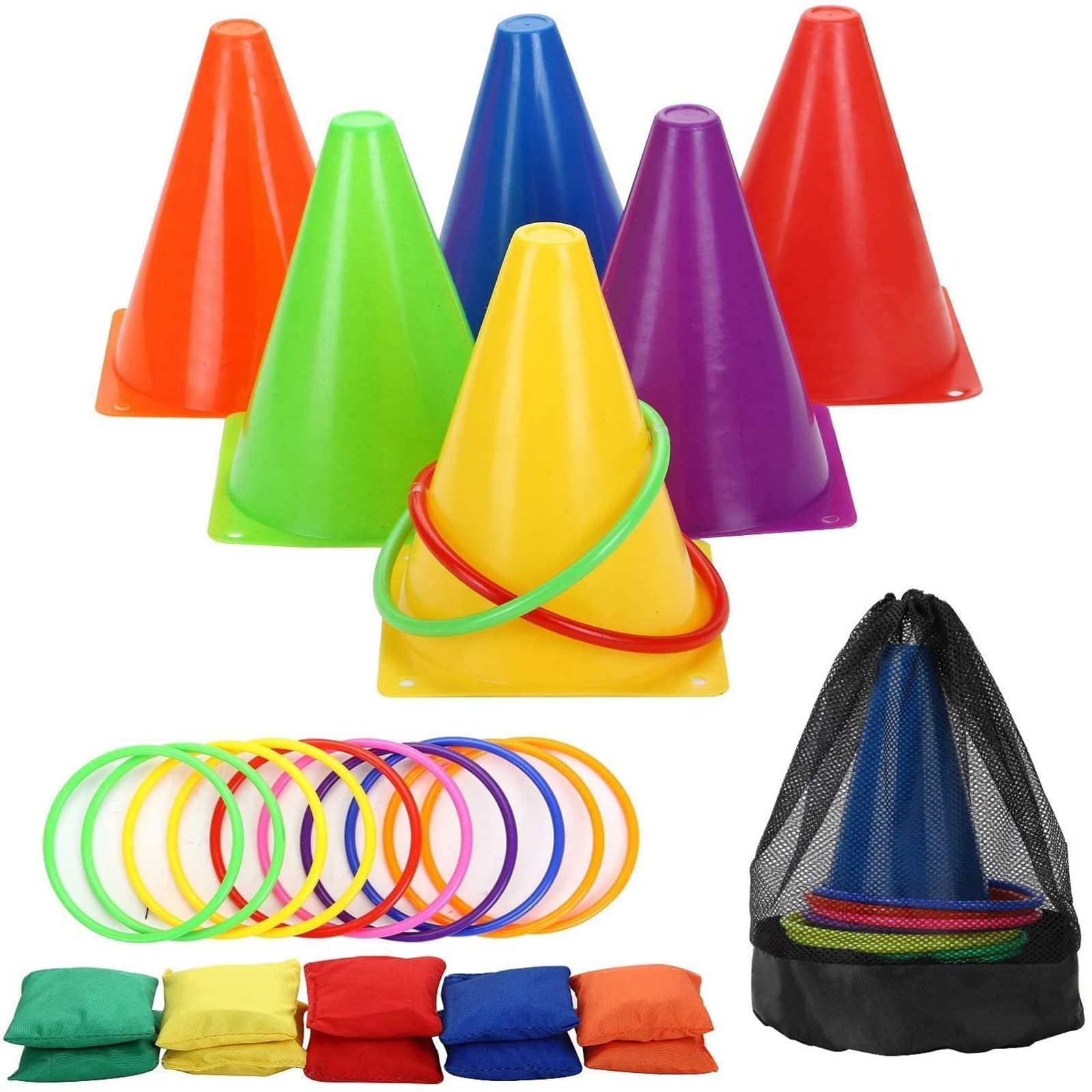 WAIZHIUA 26Pcs Ring Toss Game Set 3 In 1 Carnival Combo Set with Bean Bags Plastic Cones Throwing Rings for Kids Children Adults Family Outdoor Indoor Activity