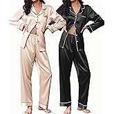 Ekouaer 2 Pack Satin Pajamas Set for Women Classic Button Down Silk Pjs Set Soft Sleepwear