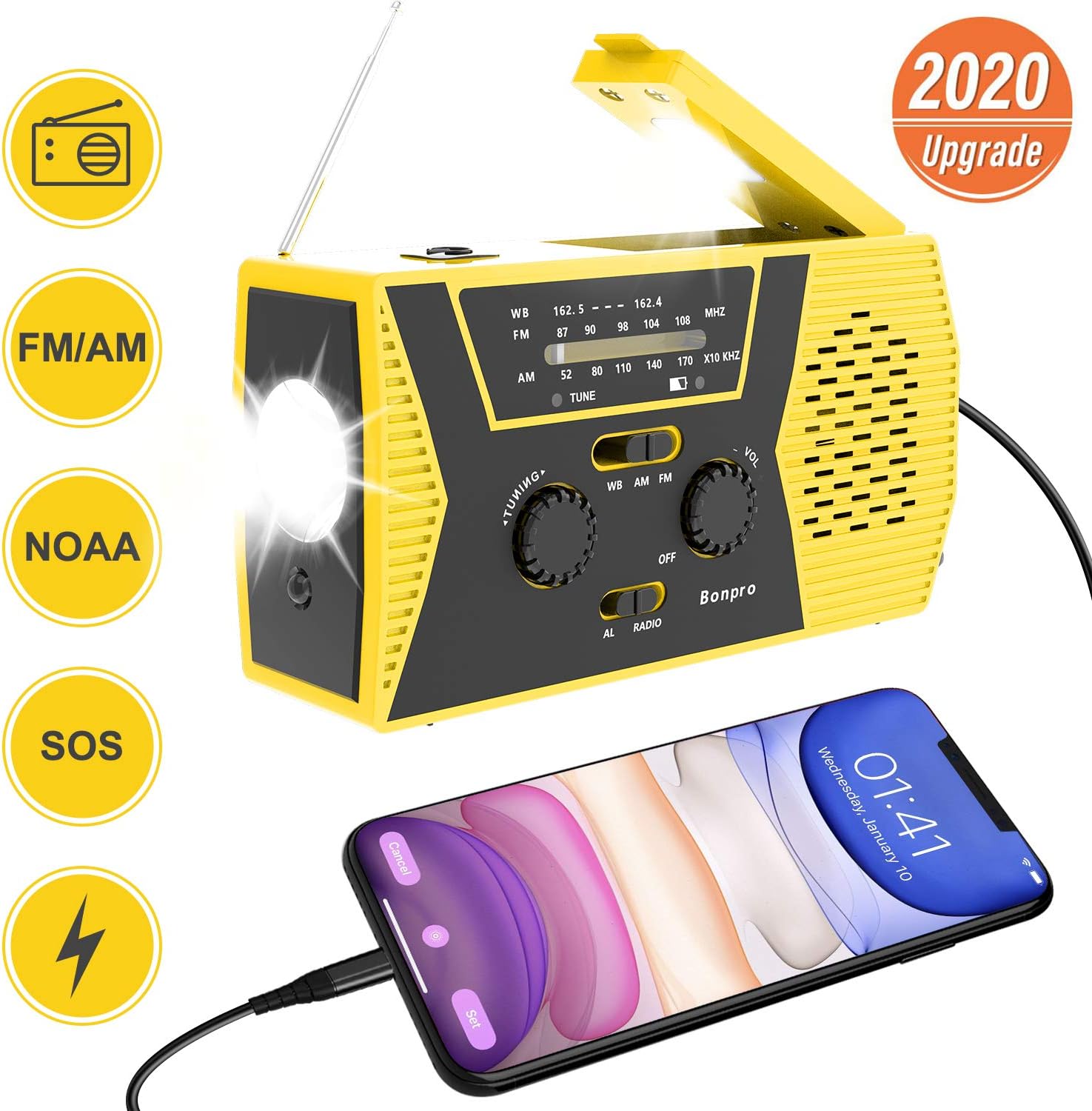 Emergency Radio 2020 New Version Bonpro Weather Radio with Solar and Crank Charger with Flashlight, Reading Lamp and 2000mAh Power Bank NOAA Weather Radio: Home Audio & Theater