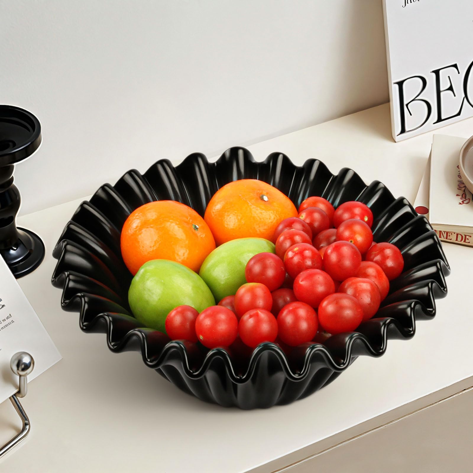 Photo 1 of 10'' Large Decorative Ceramic Bowl, Fruit Bowl for Kitchen Counter, Crinkle Design Fruit Bowl for Modern Home Decor Centerpiece, Scalloped Ruffle Key Bowls, For Entryway Table & Dining Table (Black)