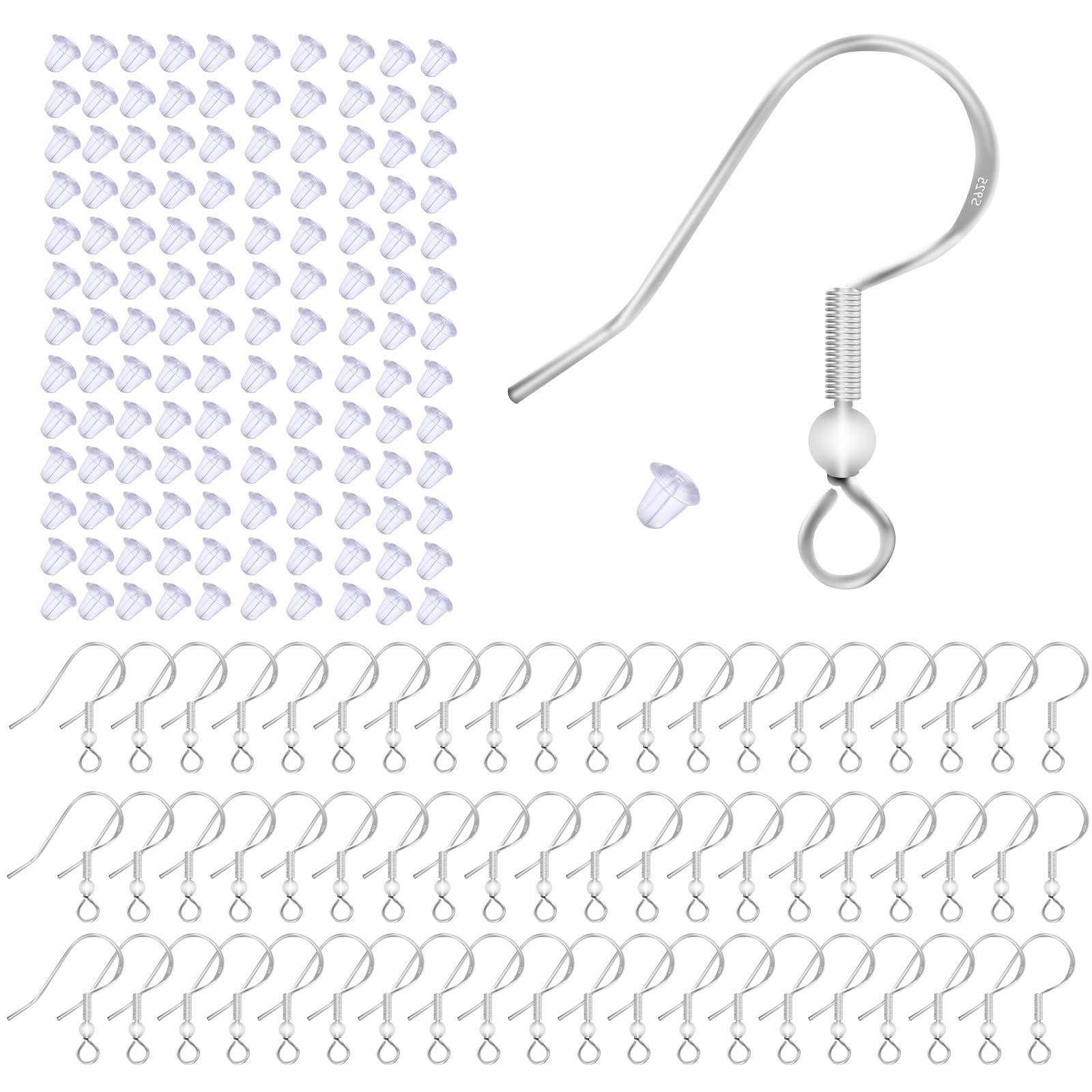 Yuzhou 100 PCS 925 Sterling Silver Earring Hooks - Hypo-allergenic Jewelry Findings DIY Ear Wires French Wire With 100 Clear Rubber Backs for Jewelry Making Parts