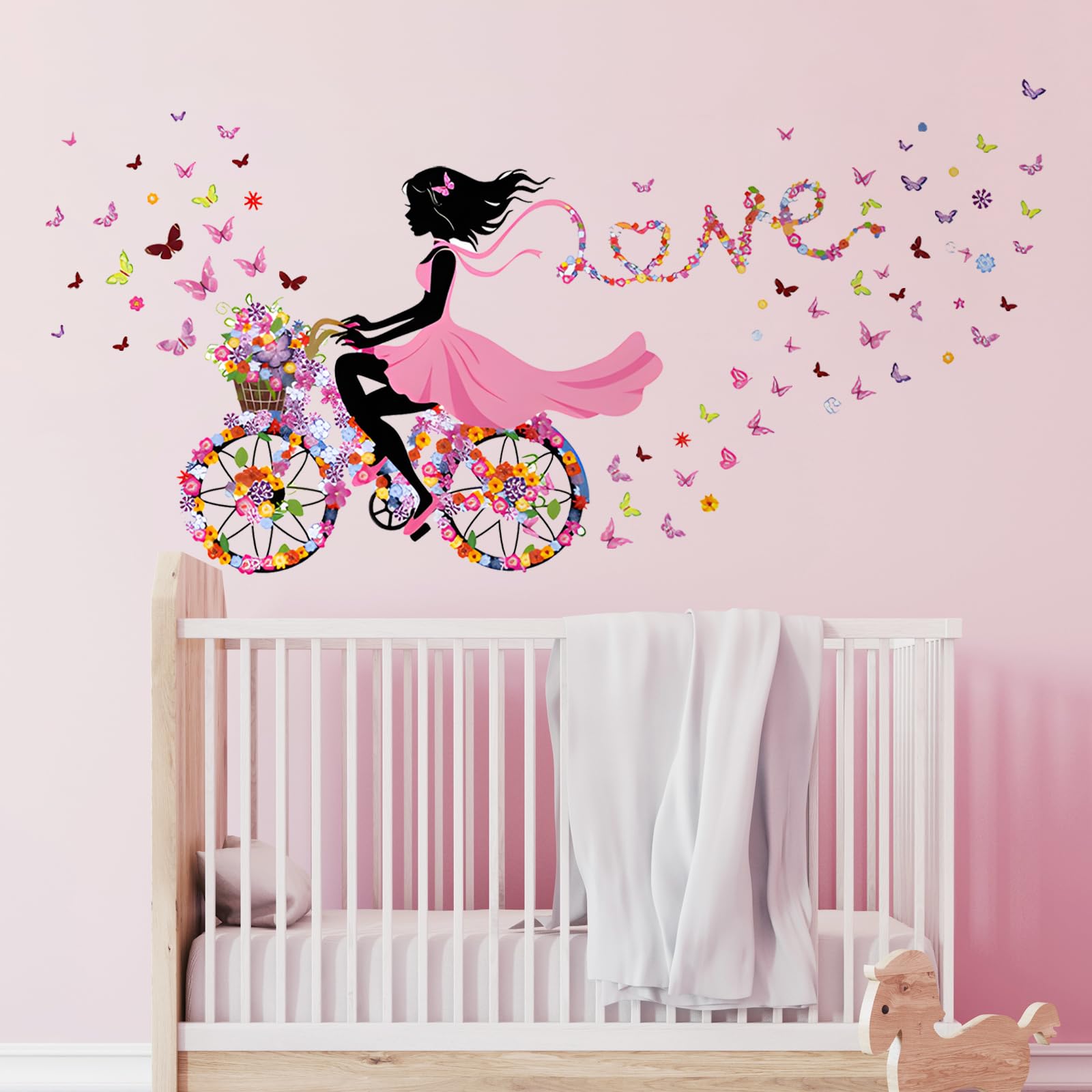 Tanlaby Flower Fairy Wall Stickers, Bicycle Colorful Butterflies Wall Decals, DIY Vinyl Mural Art Wall Decal for Nursery Bedroom Playroom Home Decor