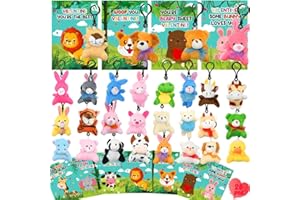 LUKBERA 28Packs Valentines Day Greeting Cards with Stuffed Animals Keychains, Small Plush Animals Toys Bulk for Kids Valentines Day Exchange Gifts School Classroom Prize Goodie Bag Fillers Decoration
