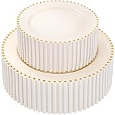 supernal 100pcs Ivory Plastic Plates with Gold Beads - Heavy Duty Elegant Disposable Plates Set Include 50 Cream Plastic Dinner Plate and 50 Dessert Plate Perfect for Wedding, Birthday & Party