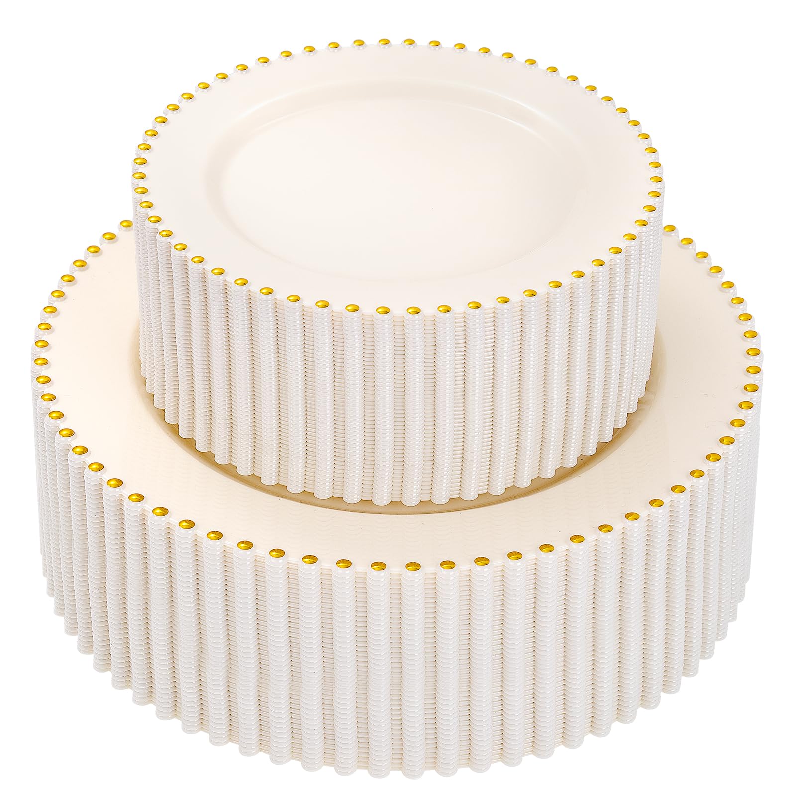 Photo 1 of supernal 100pcs Ivory Plastic Plates with Gold Beads - Heavy Duty Elegant Disposable Plates Set Include 50 Cream Plastic Dinner Plate and 50 Dessert Plate Perfect for Wedding, Birthday & Party