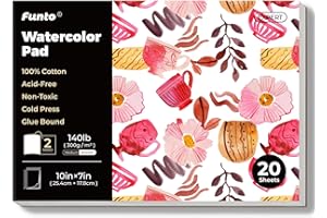 Funto Watercolor Pad, 10×7", 20 Sheets (140lb/300gsm), 100% Cotton, Cold Press, Glue Bound, Double-Sided, Easy Tear Watercolo