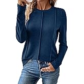 EVALESS Womens Long Sleeve Shirts Tops Trendy Dressy Casual Pleated Crewneck Knit Solid Loose Blouses Outfits