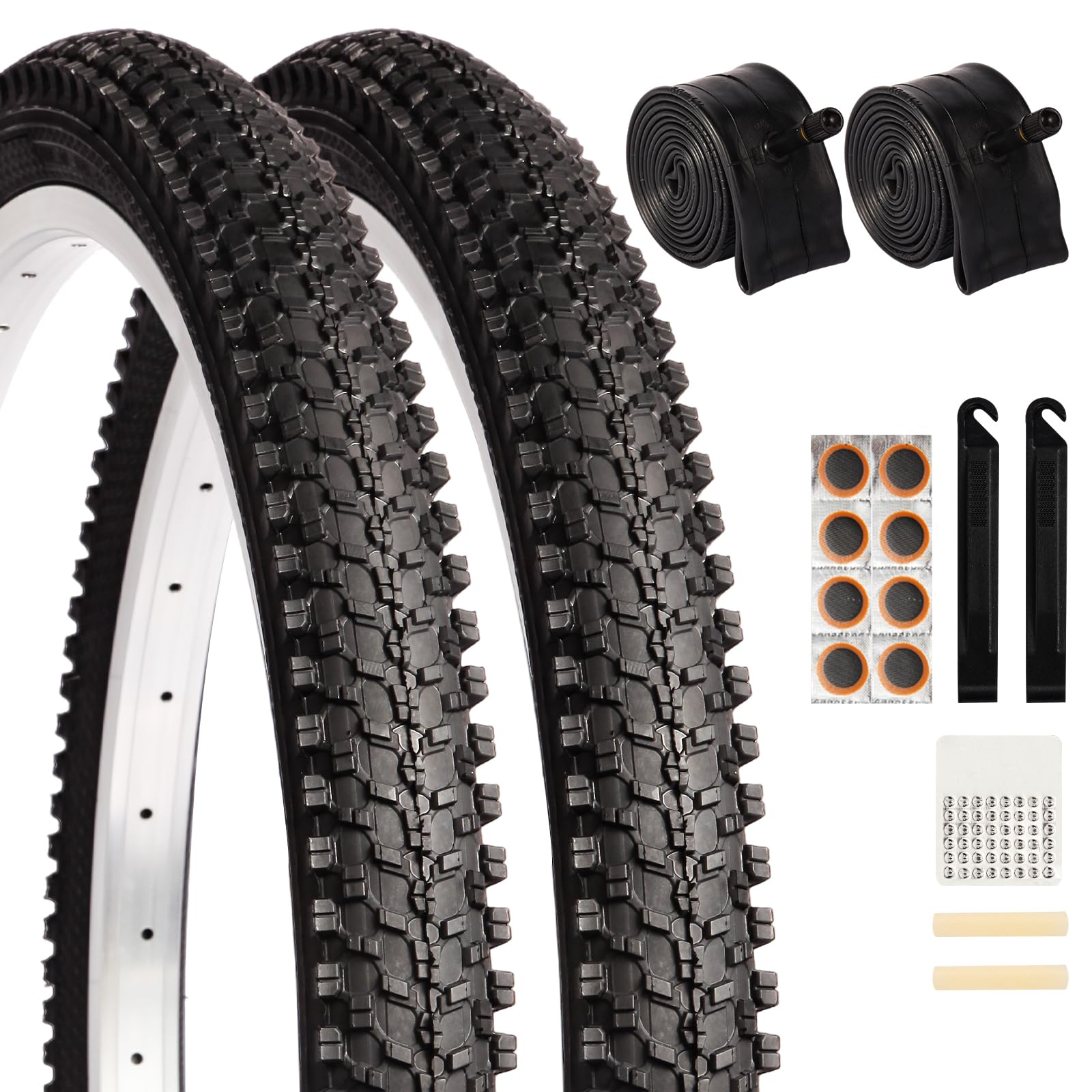 Photo 1 of 2 Pack 24" x 1.95" Mountain Bike Tire Set, 24 inch Folding Replacement Puncture-Resistant Bicycle Tires with 24 x 1.75-2.125 inch Bike Tubes and Repair Tool Kit for Mountain Bike, Off-Road Bike