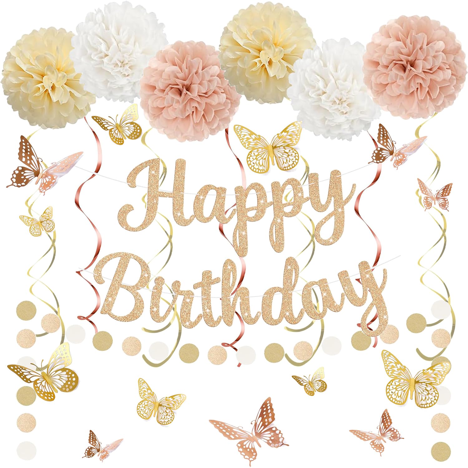 Champagne Gold Birthday Decorations for Women, Pre-Strung Happy Birthday Banner with Tissue Paper Pompoms，Hanging Swirl Streamers, 3D Butterfly Decorations, Beige Boho Birthday Party Supplies