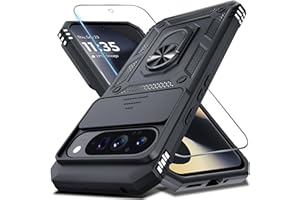 Janmitta Case Compatible with Google Pixel 9 Pro XL Built in Slide Camera Lens Cover+Screen Protector+Finger Ring Holder Kickstand,Heavy Duty Shockproof Full Body Protective Phone Cover,Black