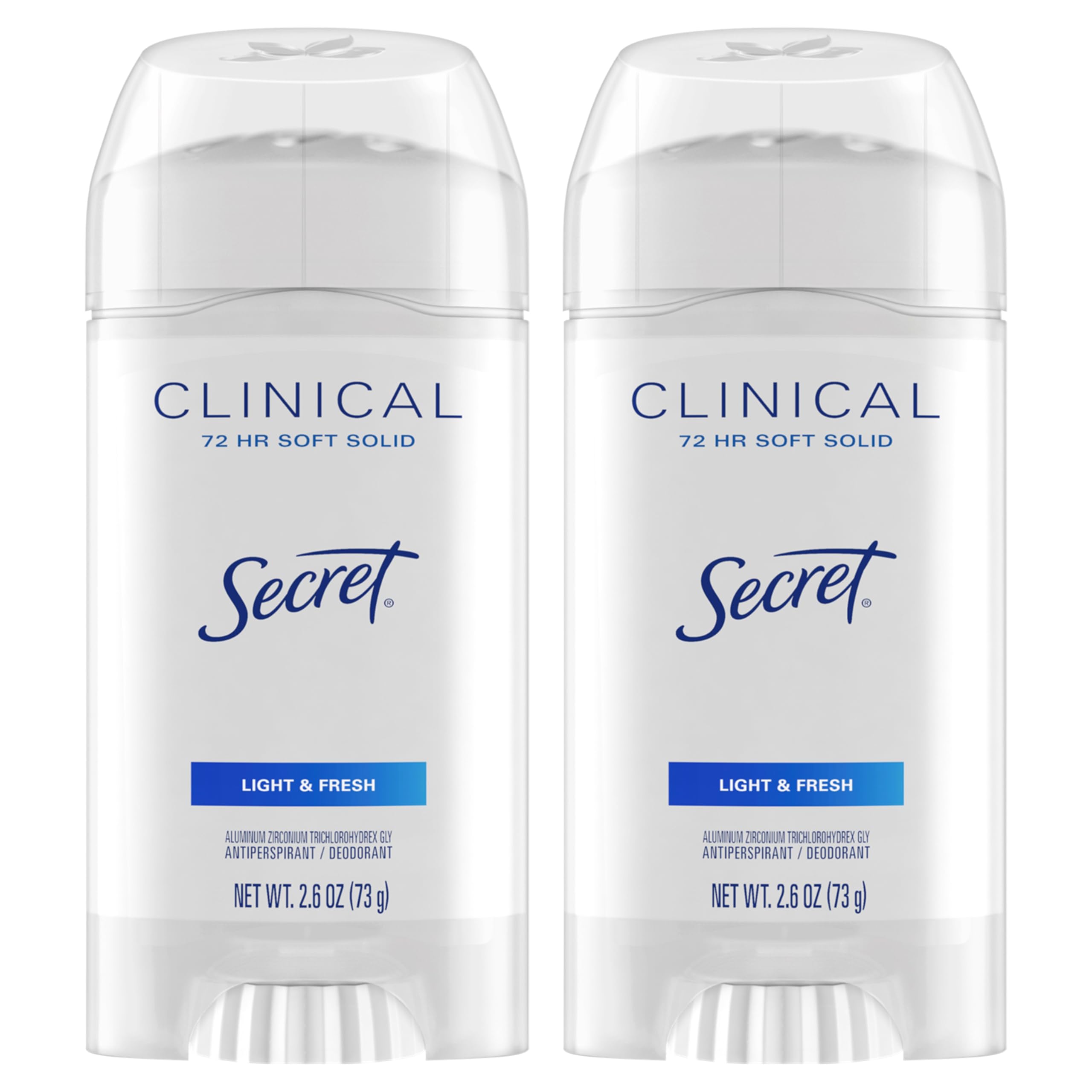 Secret Clinical Strength Antiperspirant Deodorant for Women, 3X Stress Protection, 72hr Sweat & Odor Protection, PH Balancing Minerals, Soft Solid, Light & Fresh Scent, 2.6 oz (Pack of 2)