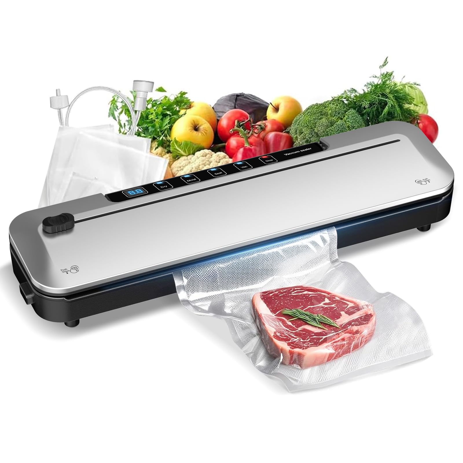 Photo 1 of 75Kpa Vacuum Sealer,6-in-1 Food Sealer for Freshness Storage,with Digital Timer, Moist/Dry Modes, Built-in Cutter & 10 Vacuum Bags (silver)