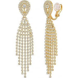 Rhinestone Clip On Chandelier Earrings for Women Long Crystal Tassel Dangle Sparkly Gold Statement Earring Jewelry for Weddin
