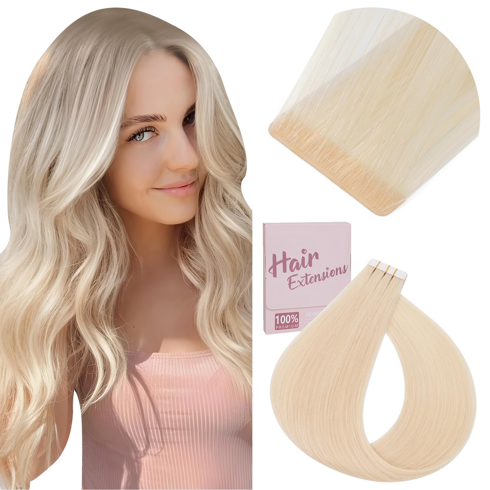 Elailite Injected Tape in Hair Extensions Human Hair - Invisible Skin Weft Remy Natural Real Hair Extension Straight 10 Pcs 20g - #613 Bleach Blonde - 14 Inch — image 1