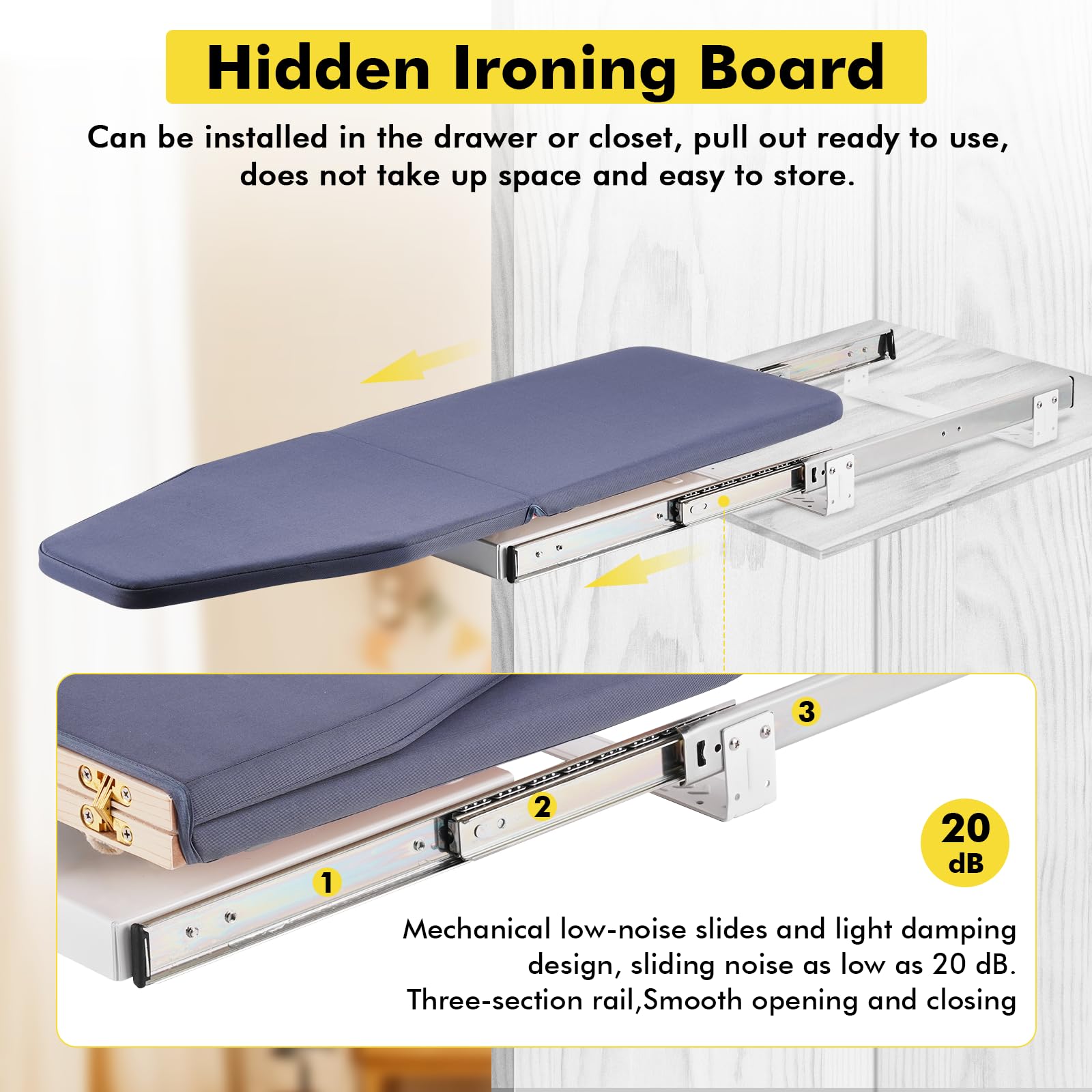 YUCHENGTECH Retractable Ironing Board Pull Out Ironing Board with Heat-Resistant Cover Stow Away in The Cabinet Saving Space