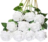 DuHouse 10Pcs Artificial Roses Silk Flowers Realistic Bridal Bouquets White